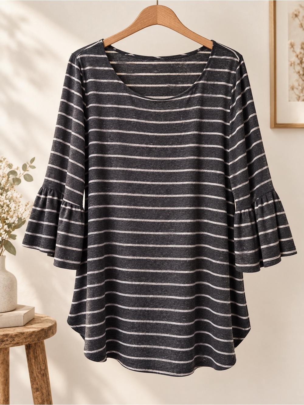 Striped Bell Sleeve Swing Top Gray White 2X - Green Envelope